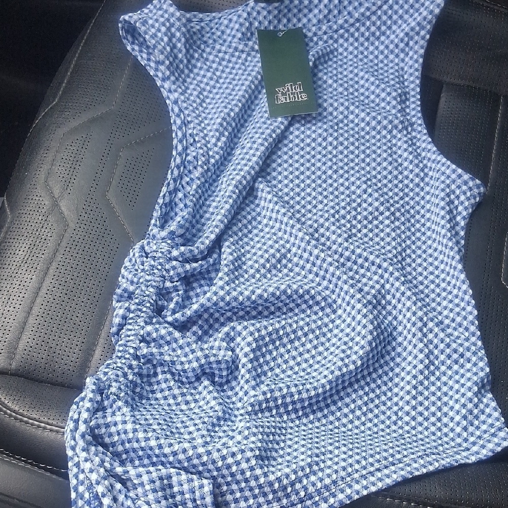 Wild Fable Blue Gingham Checkered Ruched Side Tie Tank Top XS NWT - Picture 2 of 7